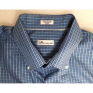PETER MILLAR Size 2XL Men's Cotton/Silk -  White/Blue Plaid Button Down Shirt